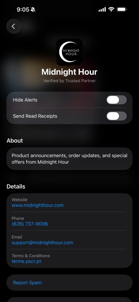 Midnight Hour's verified RCS sender profile in Messages: logo, name, verified by trusted partner, website and support details