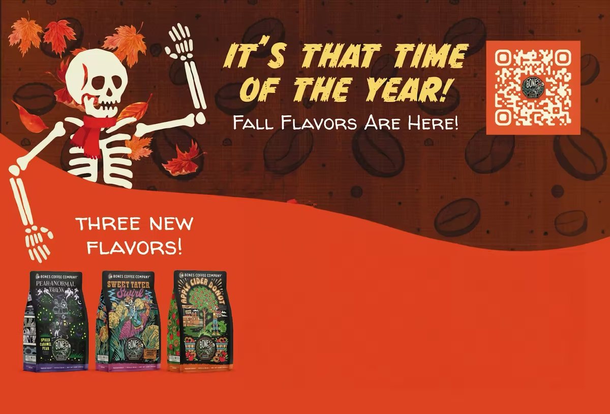 Bones Coffee fall flavors postcard, front