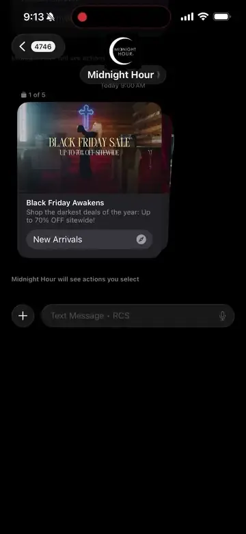 A Midnight Hour RCS card carousel being swiped in Messages