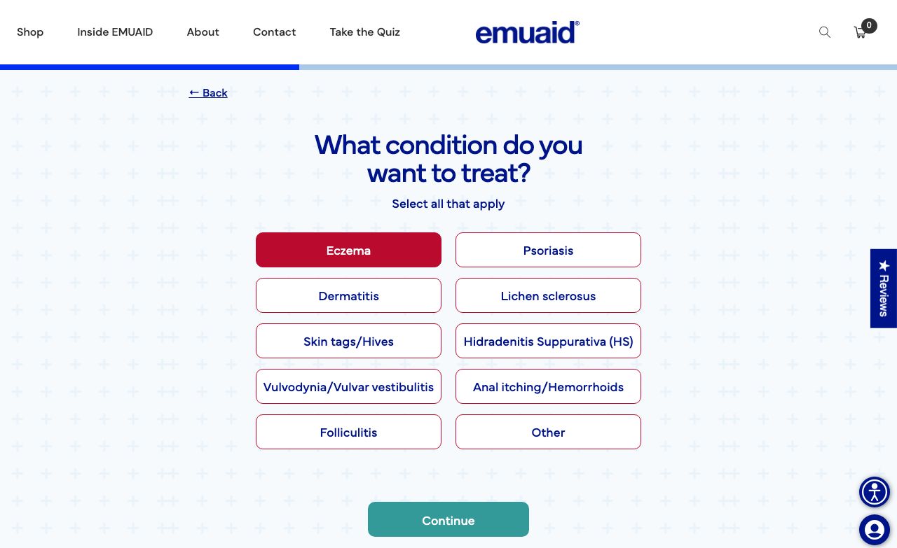 EMUAID quiz question: what condition do you want to treat?