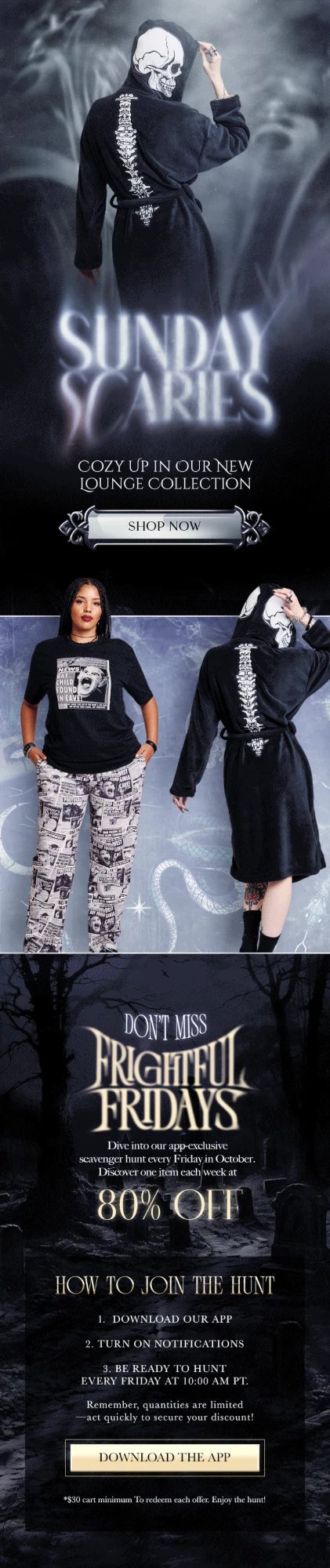 Sunday Scaries lounge collection email with the Frightful Fridays footer