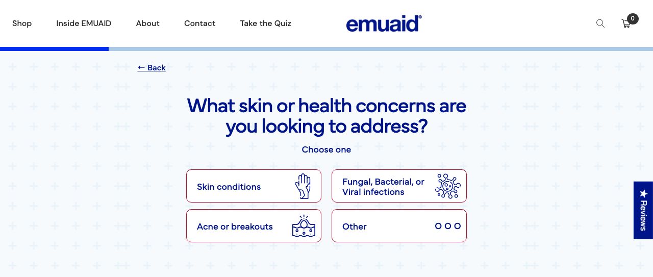 Question 1: What skin or health concerns are you looking to address? Skin conditions; fungal, bacterial or viral infections; acne or breakouts; other