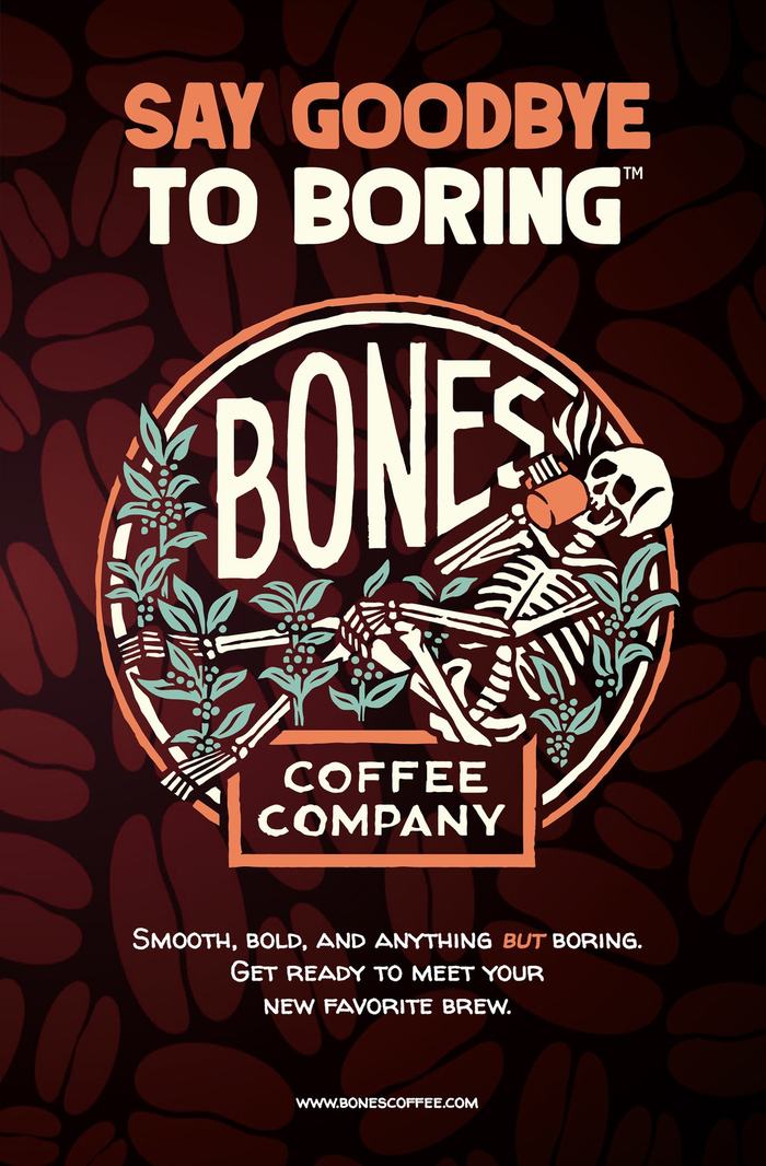 Bones Coffee catalog front cover: Say goodbye to boring
