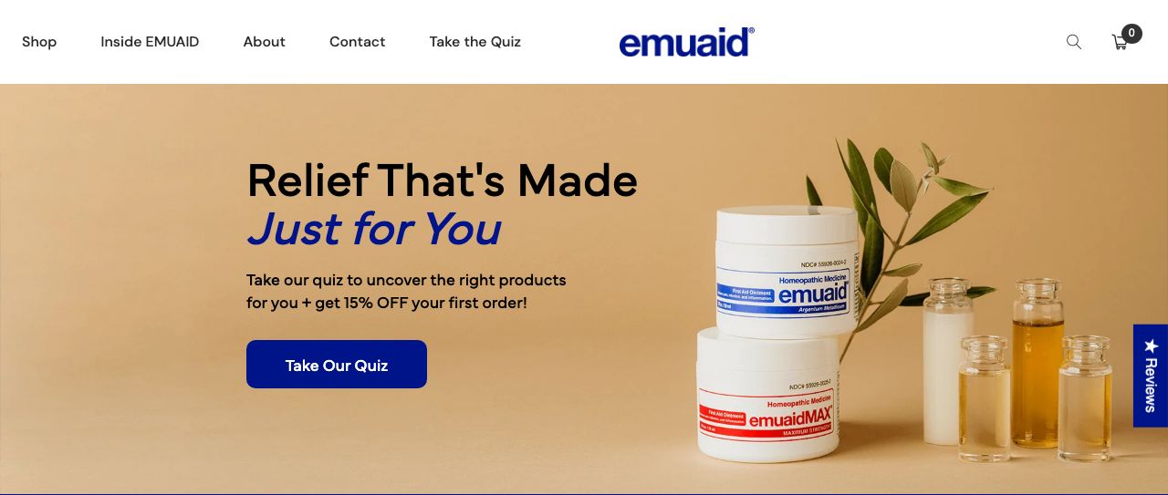 EMUAID quiz landing page: Relief that's made just for you, take our quiz
