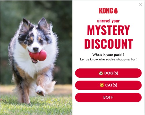 KONG desktop pop-up: unravel your mystery discount. Who's in your pack? Buttons for dogs, cats, or both