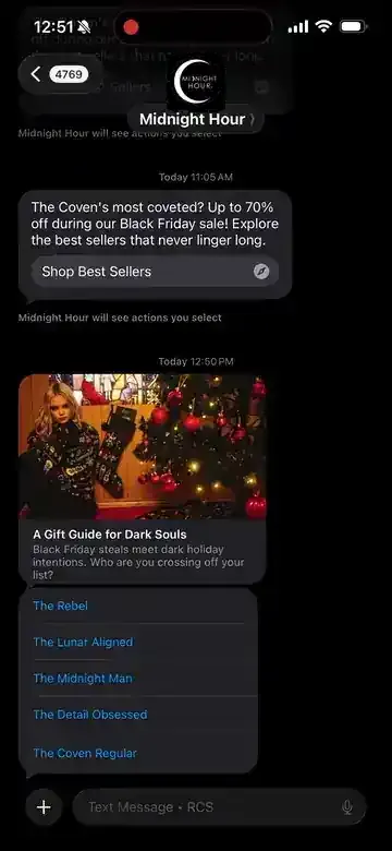 An RCS message, A Gift Guide for Dark Souls, with quick reply options and The Rebel selected, then a new message tapped through to the Black Friday sale