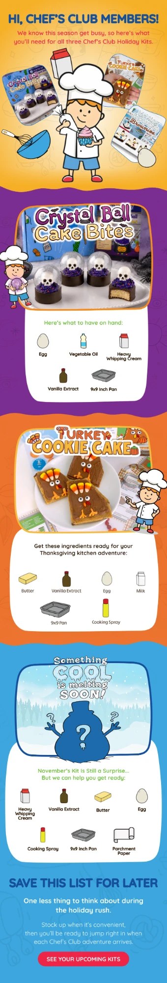 I'm The Chef Too! email. Chef's Club holiday kits: what to have on hand for all three, kit by kit