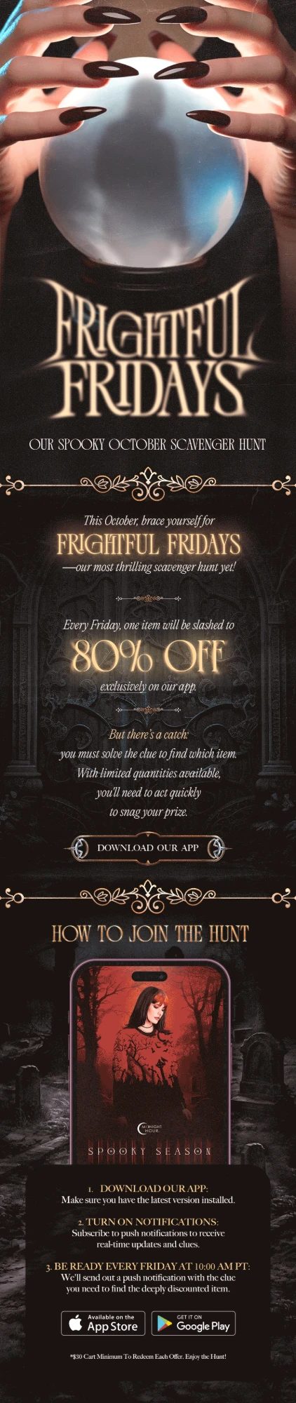 Frightful Fridays launch email on a phone: our spooky October scavenger hunt, one item at 80% off every Friday, exclusively in the app